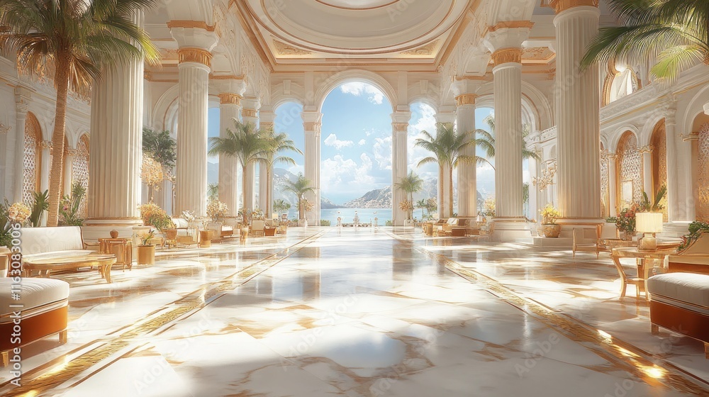 Fototapeta premium Luxurious beachfront palace interior with marble floor, gold accents, and ocean view.