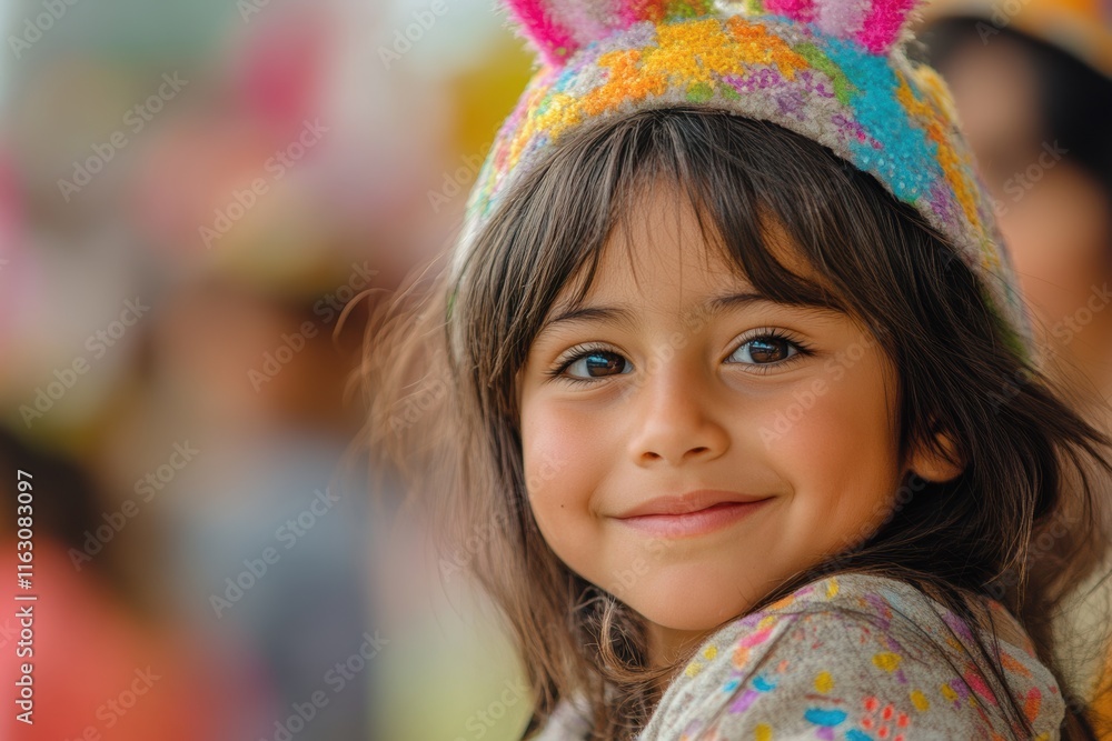 A young girl with joyful eyes and a vibrant, colorful hat smiles warmly, radiating happiness and innocence in a cheerful atmosphere. A young girl with joyful eyes and a vibrant, colorful hat smiles warmly, radiating happiness and innocence in a cheerful atmosphere.