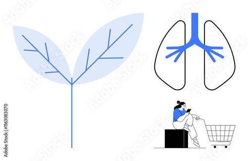 Large leaf with blue veins next to outline of lungs and seated figure with shopping cart. Ideal for health, balance, environment, sustainability, relaxation, mindfulness, lifestyle. Clean abstract