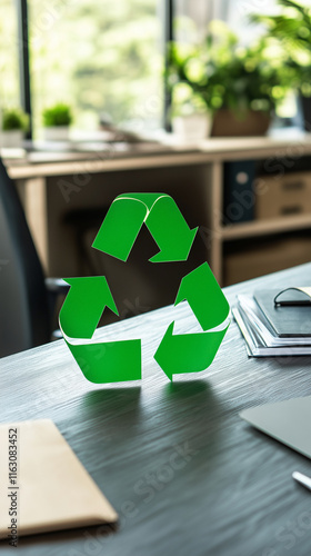 Recycling symbol in an office environment symbolises a sustainable working environment, created with generative AI technology