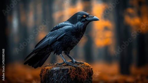 Majestic black raven perched on mossy stump in autumn forest.