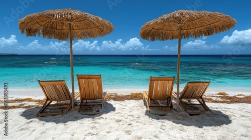 Relaxing beach scene with two wooden lounge chairs and straw umbrellas overlooking a turquoise ocean on a sunny day, evoking a sense of tranquility and escape.