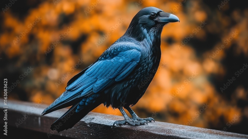 Majestic blue-black raven perched on a railing against a blurred autumnal background. Majestic blue-black raven perched on a railing against a blurred autumnal background.