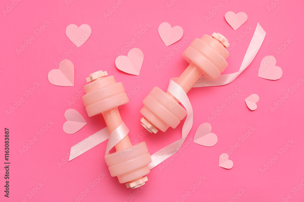 Composition with dumbbells, ribbon and paper hearts on pink background. Valentine's Day celebration Composition with dumbbells, ribbon and paper hearts on pink background. Valentine's Day celebration