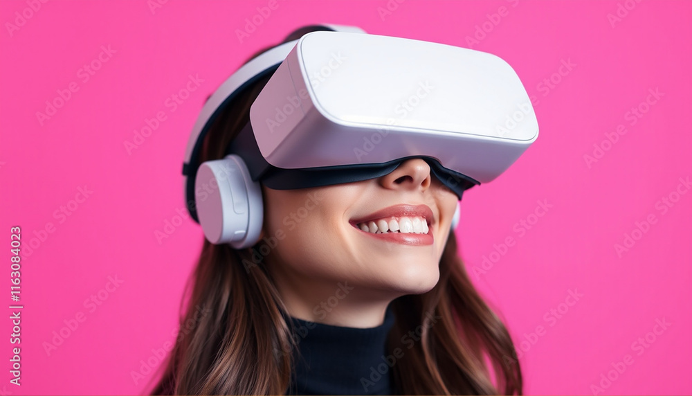 Modern VR Technology with Pink Background - Person Wearing Virtual Reality Headset Modern VR Technology with Pink Background - Person Wearing Virtual Reality Headset