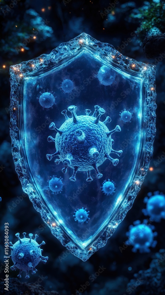 Fototapeta premium Icy shield protects cells against viruses in microscopic view. Immune system defense mechanism blocks pathogens. Health care, medical innovation. Scientific research. Modern medical technology.