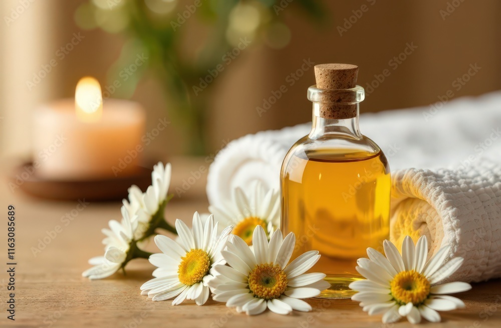 Spa decoration with candle, daisies , white flowers and a bottle with massage oil, beauty wellness centre. Spa product are placed in luxury spa resort room Spa decoration with candle, daisies , white flowers and a bottle with massage oil, beauty wellness centre. Spa product are placed in luxury spa resort room
