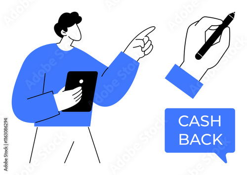 Person holding tablet and pointing forward, hand holding pen, and cashback text bubble. Ideal for finance, shopping rewards, incentive programs, modern economy themes, digital marketing, customer