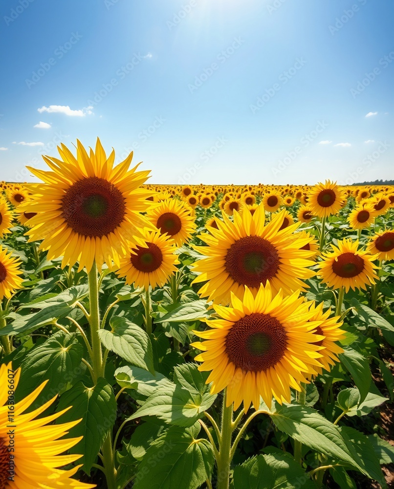 Obraz premium Vibrant Sunflower Field Under Clear Blue Sky