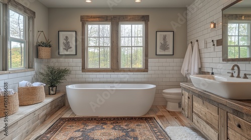 A beautifully designed modern rustic bathroom with natural light, featuring a freestanding tub and elegant wooden accents throughout the cozy space.