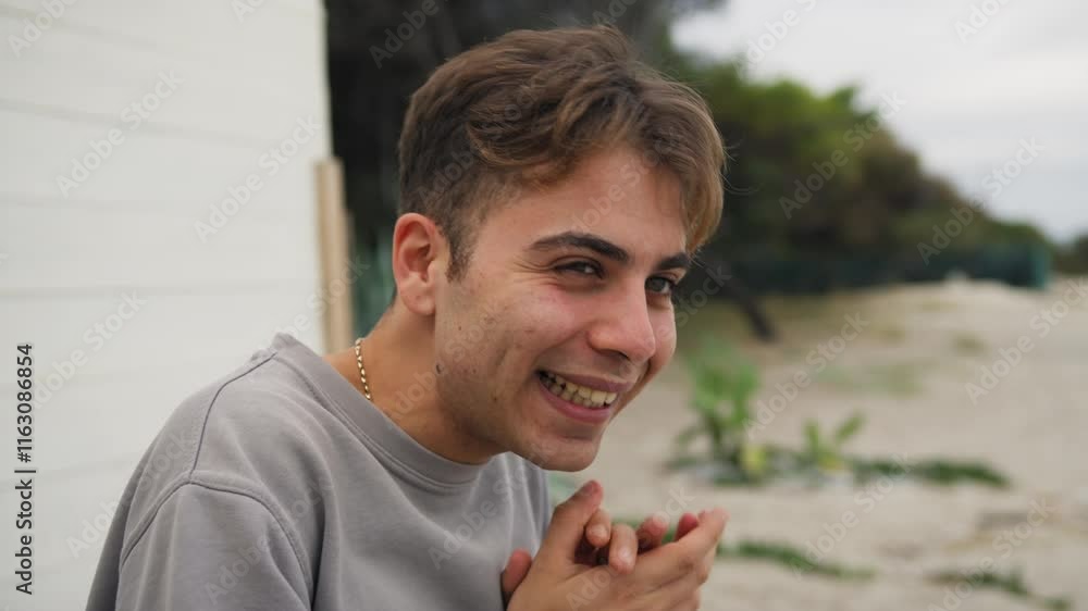 Boy Smiles Mischievously While Hatching a Diabolical Plan Outside Boy Smiles Mischievously While Hatching a Diabolical Plan Outside