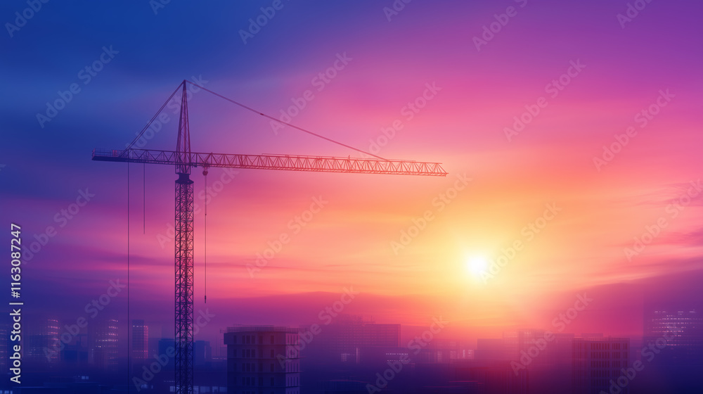 Construction crane silhouetted against a vivid sunset sky