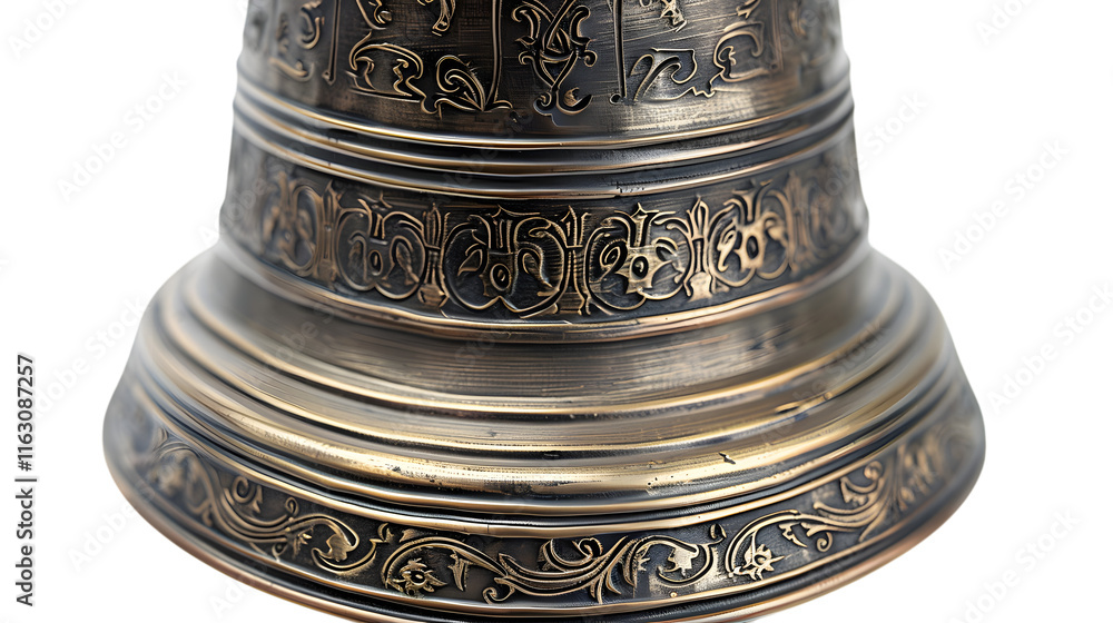 Ornate bronze bell featuring intricate and detailed patterns engraved around its surface, showcasing a traditional and antique design. Ornate bronze bell featuring intricate and detailed patterns engraved around its surface, showcasing a traditional and antique design.