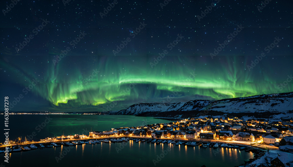 Fototapeta premium Aurores boréales illuminant un village nordique