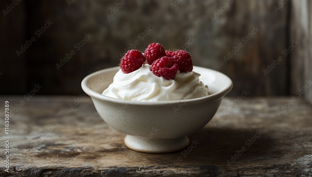 A bowl of whipped cream topped with fresh raspberries on a rustic surface. A bowl of whipped cream topped with fresh raspberries on a rustic surface.