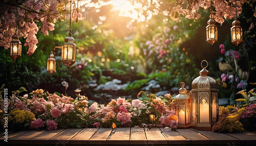 a serene garden background with blooming flowers and lanterns, ready for an Eid outdoor photo