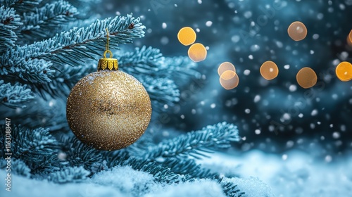 Captivating close-up of a shimmering golden ornament hanging from a snow-covered pine branch with twinkling bokeh lights in the background, evoking a serene winter ambiance.