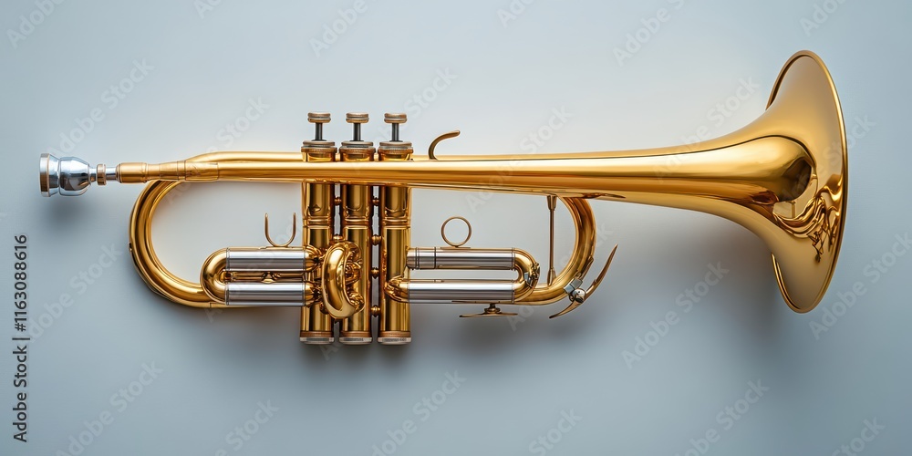 Fototapeta premium A beautifully polished brass trumpet showcasing intricate craftsmanship and gleaming details, perfect for musicians, music lovers, and brass instrument enthusiasts