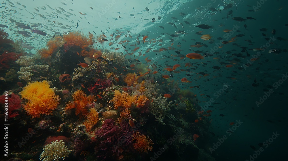 Vibrant coral reef teeming with diverse fish species. Vibrant coral reef teeming with diverse fish species.