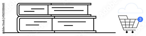 Stack of four books lying horizontally next to a shopping cart icon with a notification displaying three new items. Ideal for online shopping, education, literature, digital bookstores, e-commerce
