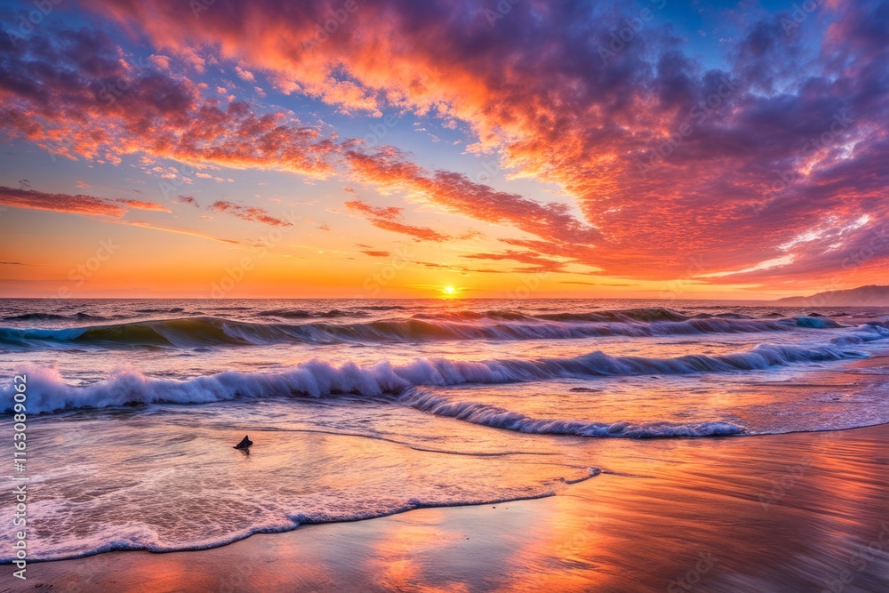 Fototapeta premium Beautiful coastal view showcasing sunset reflections on calm waters, soft waves meeting shore, vibrant hues of orange and blue, perfect for promoting peace, relaxation, and beach getaways.