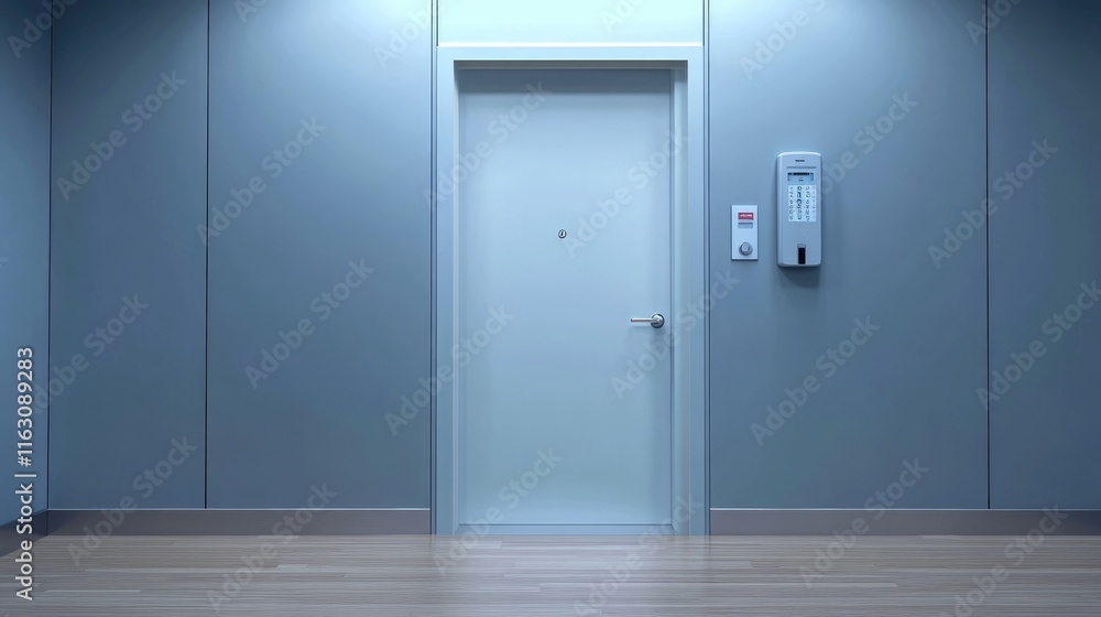 A minimalist hallway featuring a closed door and a wall-mounted intercom. A minimalist hallway featuring a closed door and a wall-mounted intercom.