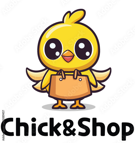 Playful and modern logo featuring a cute chick holding a shopping bag, ideal for retail, e-commerce, and family-friendly brands