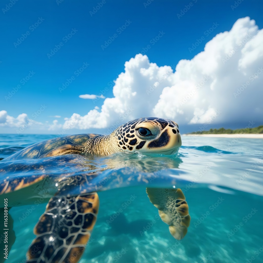 Fototapeta premium Impresionante fotografía submarina de una tortuga marina verde nadando en aguas cristalinas bajo un cielo azul con nubes blancas, ideal para promover el ecoturismo y la conservación marina