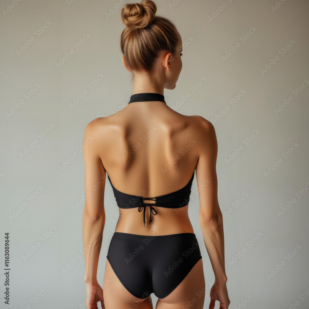 Naklejka premium Imagen elegante y estilizada de la espalda de una mujer con un moño alto, luciendo un conjunto de bikini negro de diseño minimalista, ideal para campañas de lencería o moda deportiva 