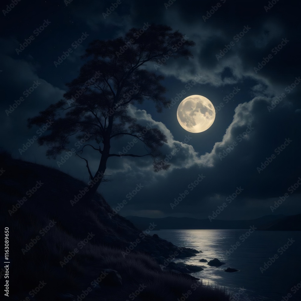 Fototapeta premium La luna llena ilumina el paisaje nocturno, reflejándose en el lago sereno mientras un árbol solitario se perfila contra el cielo estrellado, creando una escena de tranquilidad y belleza natural 