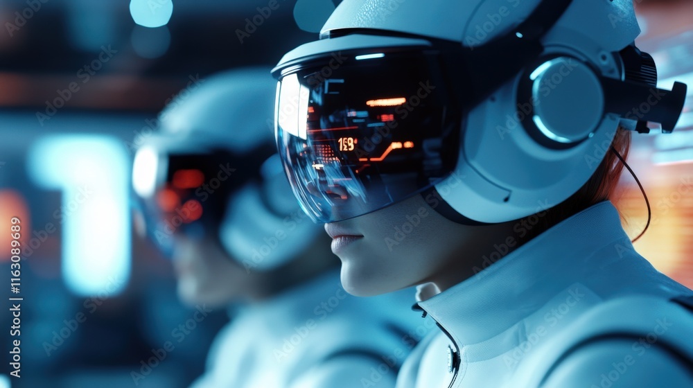 Futuristic Scientists Analyzing Data in High-Tech Laboratory with Advanced Visual Technology and Immersive Headgear for Innovative Research and Development Futuristic Scientists Analyzing Data in High-Tech Laboratory with Advanced Visual Technology and Immersive Headgear for Innovative Research and Development