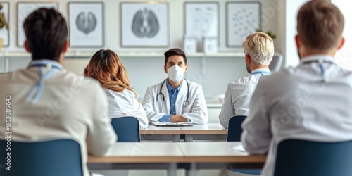 A Diverse Group of Medical Professionals in a Meeting, Wearing White Coats and Masks, Seated in a Modern Conference Room with Anatomical Diagrams on Display