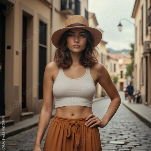 Una mujer con sombrero de paja y ropa veraniega paseando por una calle empedrada en un pintoresco pueblo europeo, destacando su estilo casual y relajado en un entorno encantador y turístico
 photo