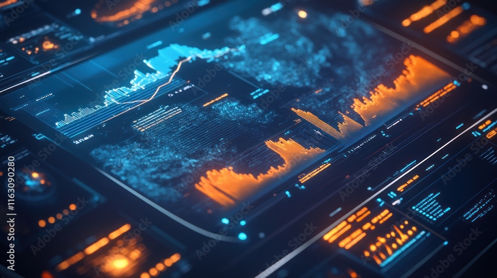 Obraz premium Global analytics dashboard featuring heatmaps and bar graphs, modern and clean UI, cyberpunk aesthetics,