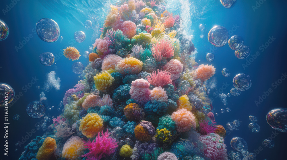 Naklejka premium A surreal tower of organic forms resembling coral and sea life, with vivid turquoise, pink