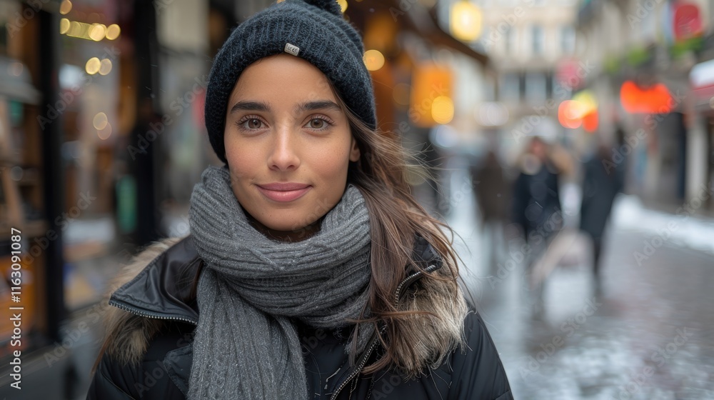 A Close-Up Image of a Woman in Winter Apparel with a Black Knit Cap and Grey Scarf, Standing Outdoors on a Snowy Street with Blurred People in the Background A Close-Up Image of a Woman in Winter Apparel with a Black Knit Cap and Grey Scarf, Standing Outdoors on a Snowy Street with Blurred People in the Background