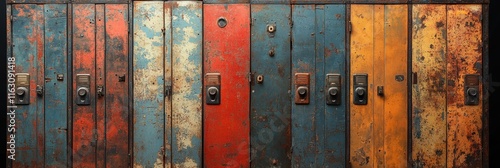 Row of vintage, weathered lockers in multicolor display, showcasing rustic red, blue, and yellow hues with visible peeling paint and iron locks, exuding industrial nostalgia and charm. photo