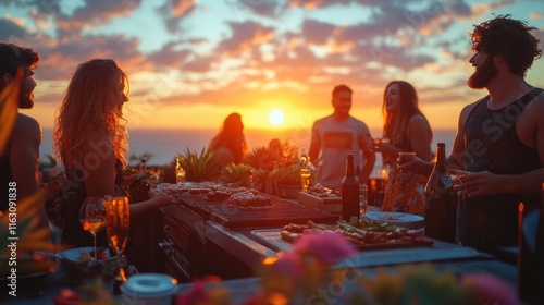 Fototapeta Naklejka Na Ścianę i Meble -  A vibrant sunset barbecue gathering with friends enjoying wine and food in a relaxed and joyful atmosphere, capturing the essence of leisure and camaraderie.
