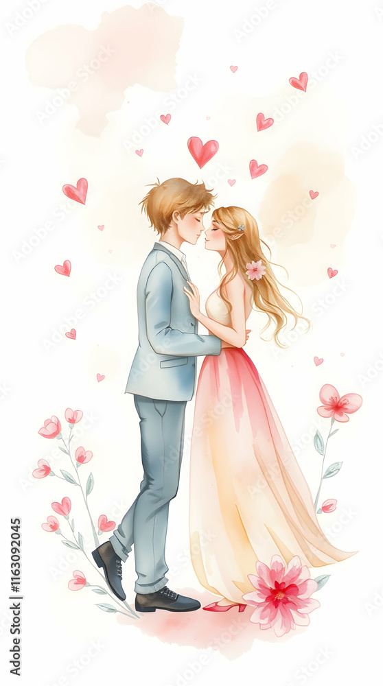 Couple kissing, surrounded by hearts and flowers in a whimsical watercolor style. Couple kissing, surrounded by hearts and flowers in a whimsical watercolor style.