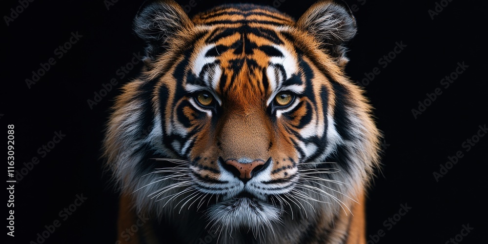 Obraz premium An exquisite close-up of a majestic tiger with intricate patterns and vivid orange fur set against a dark backdrop that highlights its fierce gaze and powerful presence in the wild environment