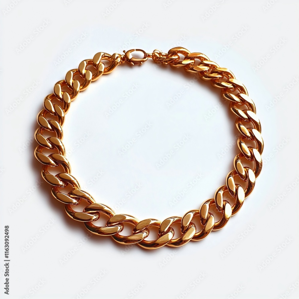 An elegantly displayed gold chain necklace against a pure white background, perfect for luxury jewelry promotions, fashion events, or online retail. An elegantly displayed gold chain necklace against a pure white background, perfect for luxury jewelry promotions, fashion events, or online retail.