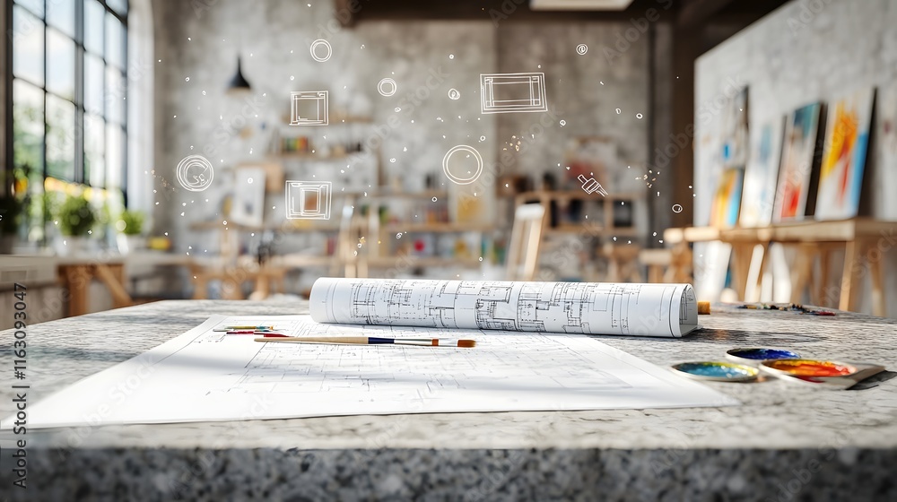 Blueprint on Granite Table in Creative Loft With Floating Symbols Blueprint on Granite Table in Creative Loft With Floating Symbols