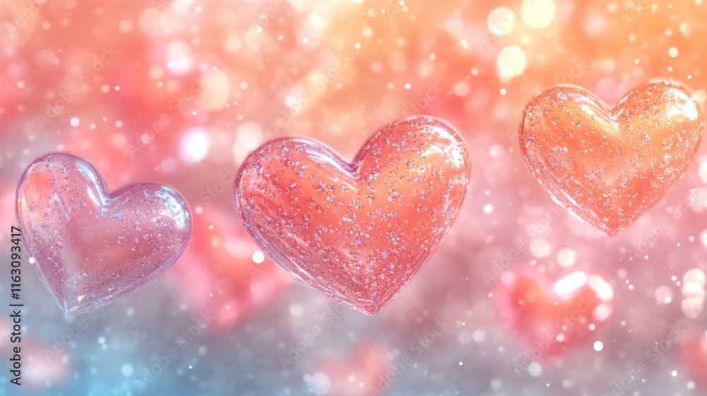 Fototapeta premium Three Glittering Hearts Float in a Soft Pink Haze