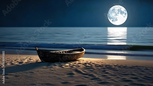 Wooden Boat Resting on a Sandy Beach Under the Full Moon with Calm Ocean Waves at Night

 photo