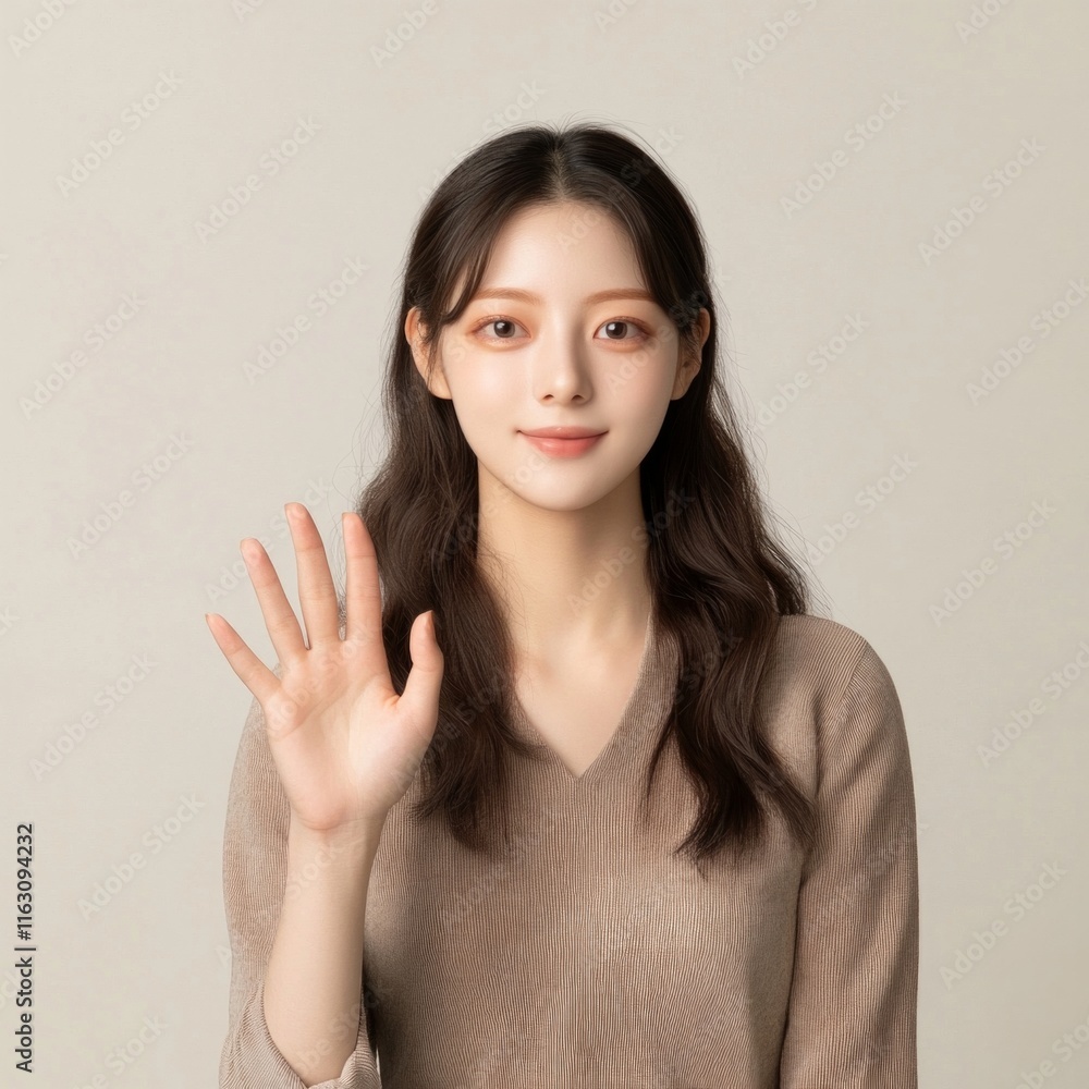 Asian young female waving with smile in casual attire Asian young female waving with smile in casual attire
