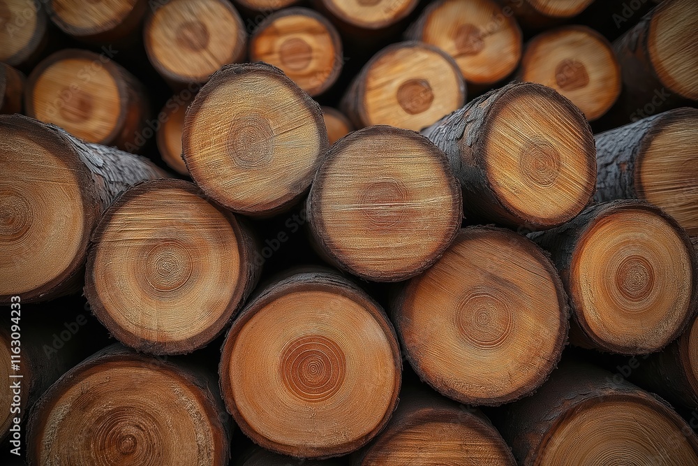Detailed close-up view of stacked logs. Wood texture, circular patterns on cut logs prominent. Natural material for construction fuel. Ideal for forestry themes logging industry. Rustic, earthy Detailed close-up view of stacked logs. Wood texture, circular patterns on cut logs prominent. Natural material for construction fuel. Ideal for forestry themes logging industry. Rustic, earthy