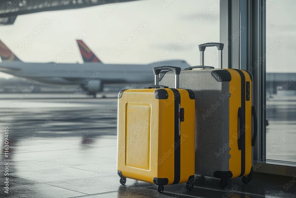 Realistic airport scene featuring yellow and grey suitcases with airplane in the background Realistic airport scene featuring yellow and grey suitcases with airplane in the background