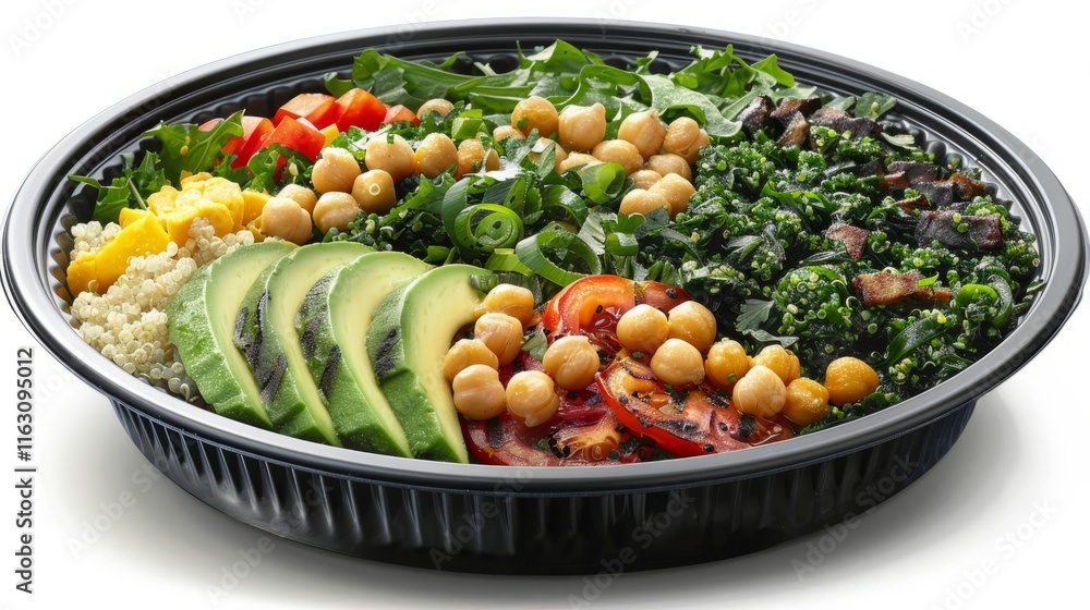 A colorful salad bowl featuring greens, grains, vegetables, and legumes for a healthy meal. A colorful salad bowl featuring greens, grains, vegetables, and legumes for a healthy meal.