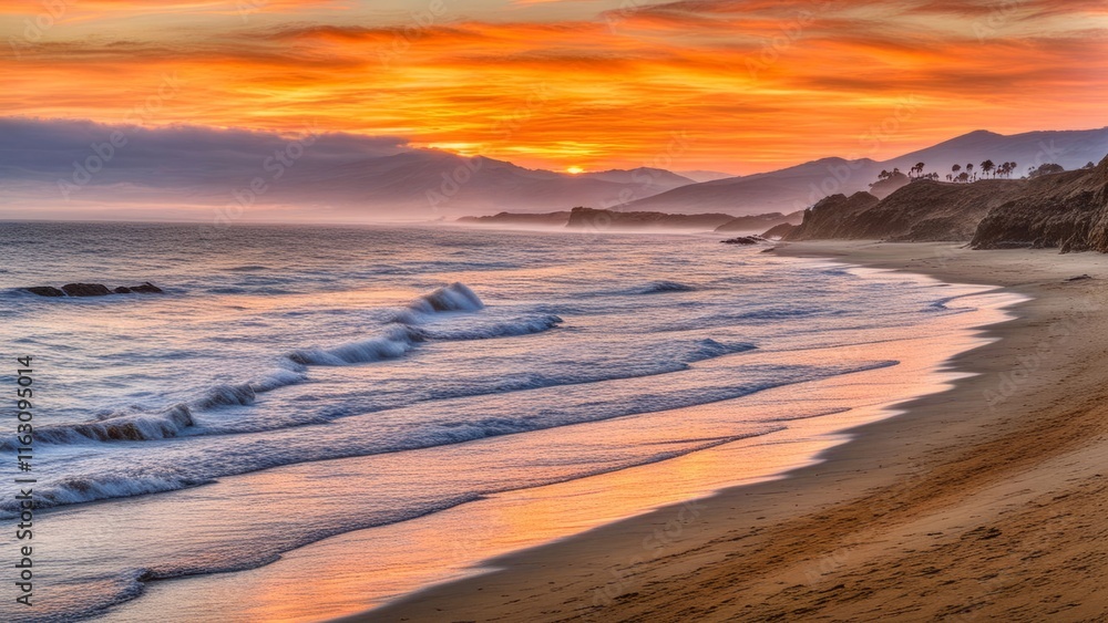 Enchanting beach scene at dusk, gentle waves reflecting sunset hues, vibrant skies transitioning from blue to orange, perfect for evoking tranquility, ideal for nature photography and travel content. Enchanting beach scene at dusk, gentle waves reflecting sunset hues, vibrant skies transitioning from blue to orange, perfect for evoking tranquility, ideal for nature photography and travel content.
