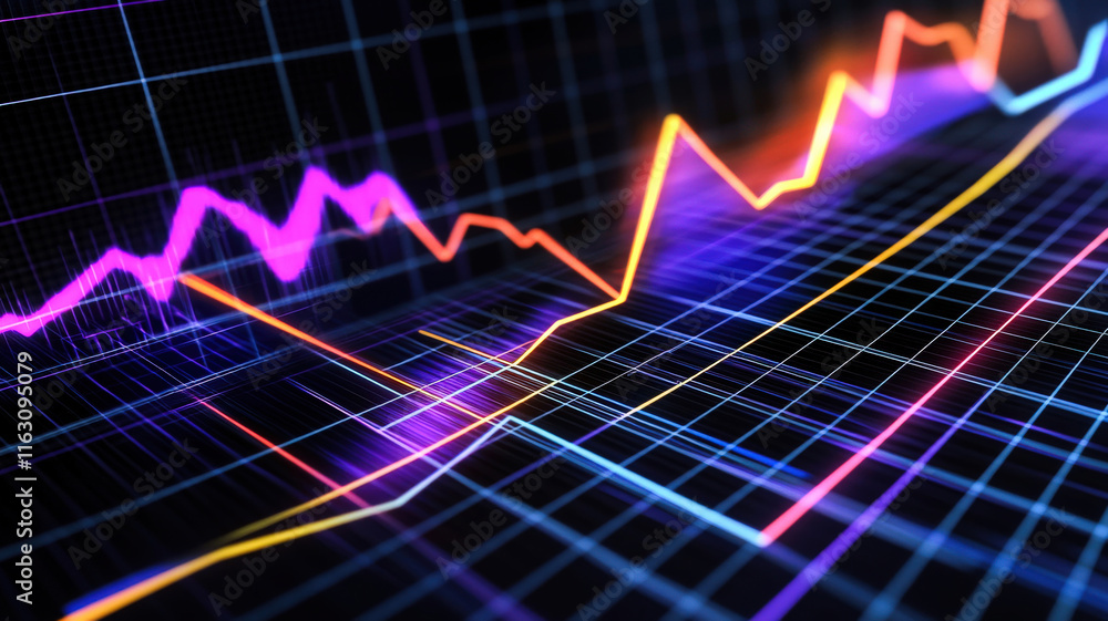 Naklejka premium A captivating multi-series chart featuring glowing, intersecting lines in vibrant colors, set against a holographic dark grid background, ideal for showcasing complex data trends.